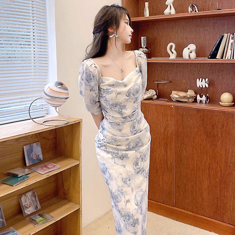 【dress】細身効果抜群♪スクエアネック5分袖花柄配色スリット韓国ファッションギャザーワンピースF2797