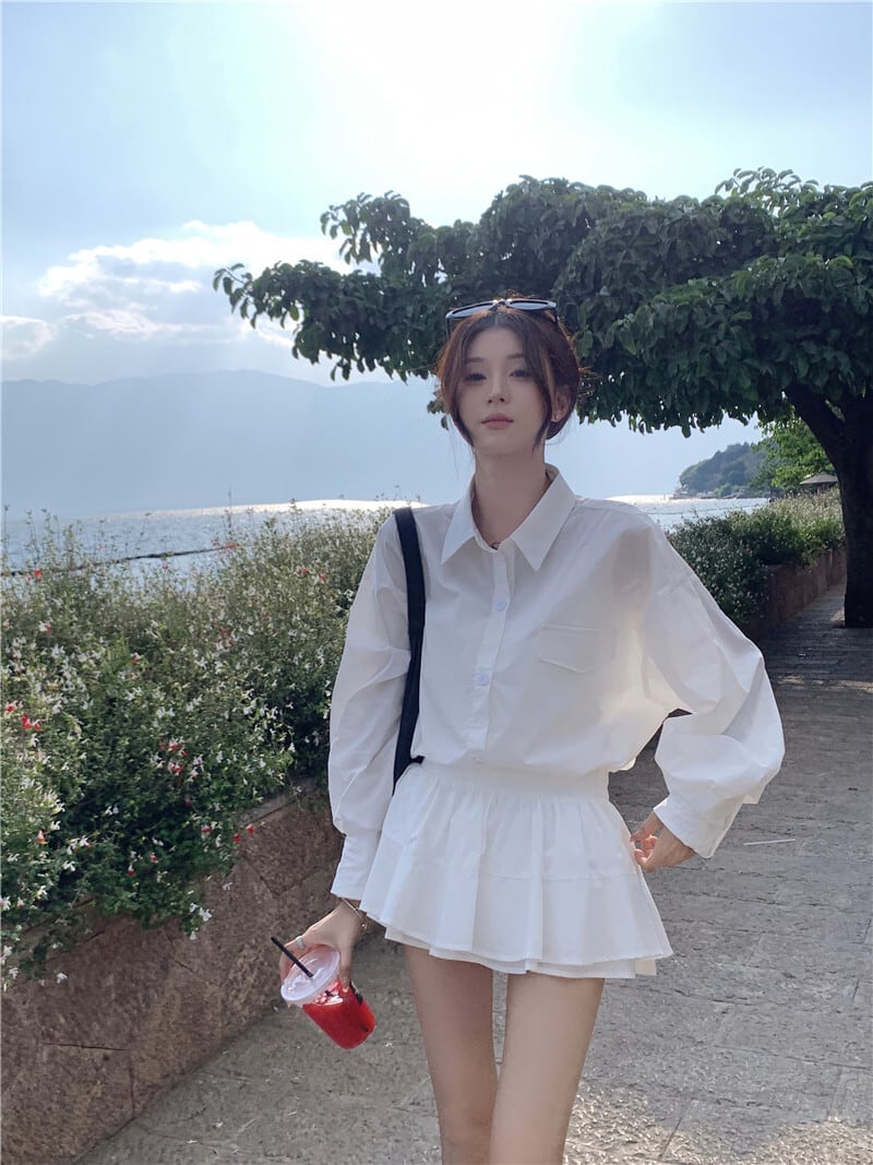 【set】POLOネックブラウス+スカート２点セットG21434