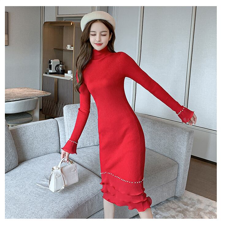 【dress】エレガント!気質満点レトロ体型カバー秋冬新作フリルニットワンピース G3729