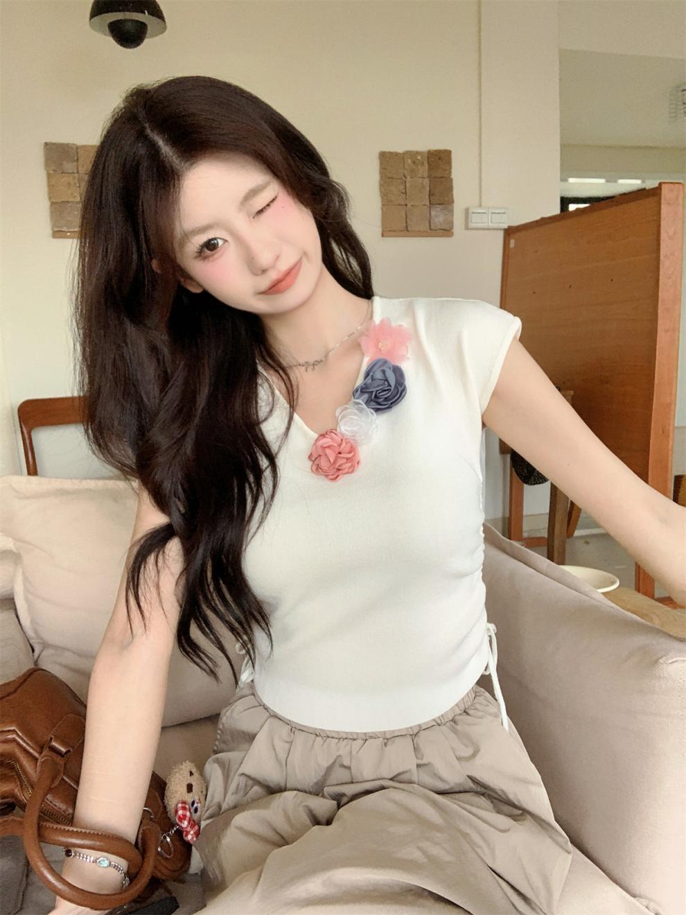 【tops】立体フラワーニットTシャツ　M24271