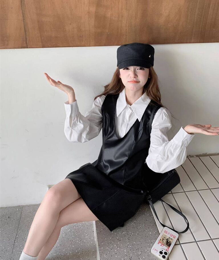 【set】シャツ×PUベストワンピースセット Q8285