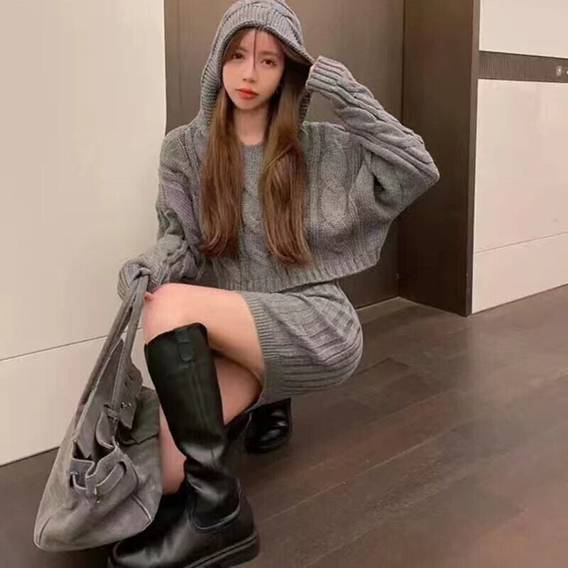 【set】気質満点レトロオシャレニットトップス+ハイウエストタイトスカート２点セット G9482