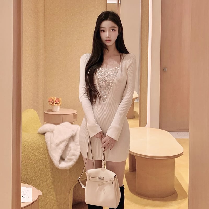 【dress】ビーズチェーンドッキングニットワンピース Q7647