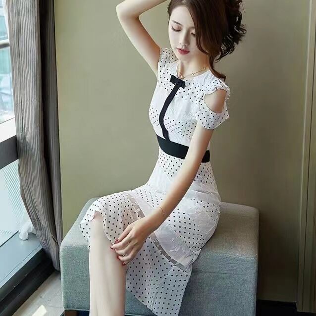 【dress】清新合わせやすいラウンドネック半袖肩開きウェスト絞りドット柄メッシュ切り替えマーメイドワンピースF2629