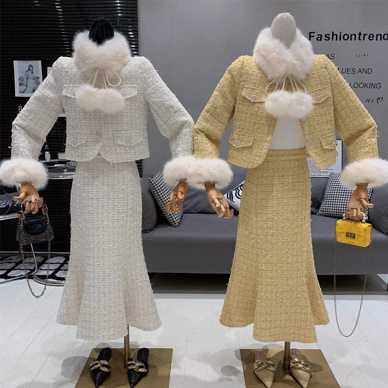 【set】ファー付きツイードジャケット×ロングスカートセット Q7463