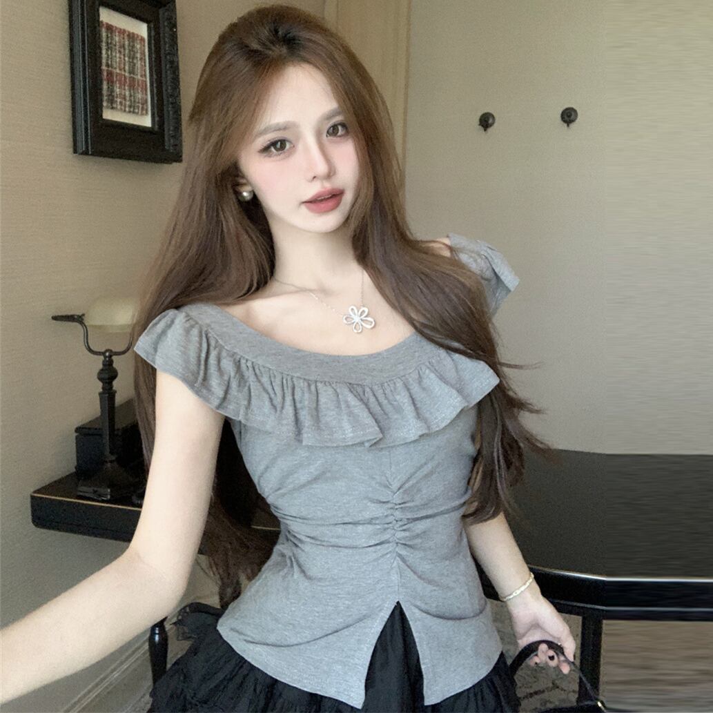 【tops】オフショルダーフリルTシャツトップスG21340