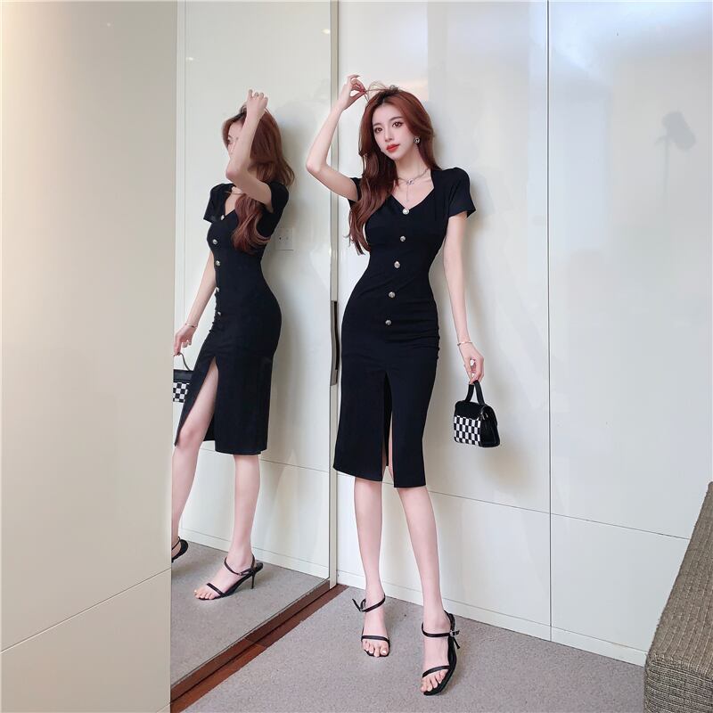 【dress】ファッション気質満点セクシーVネック体型カバー着痩せスリットワンピース G14056