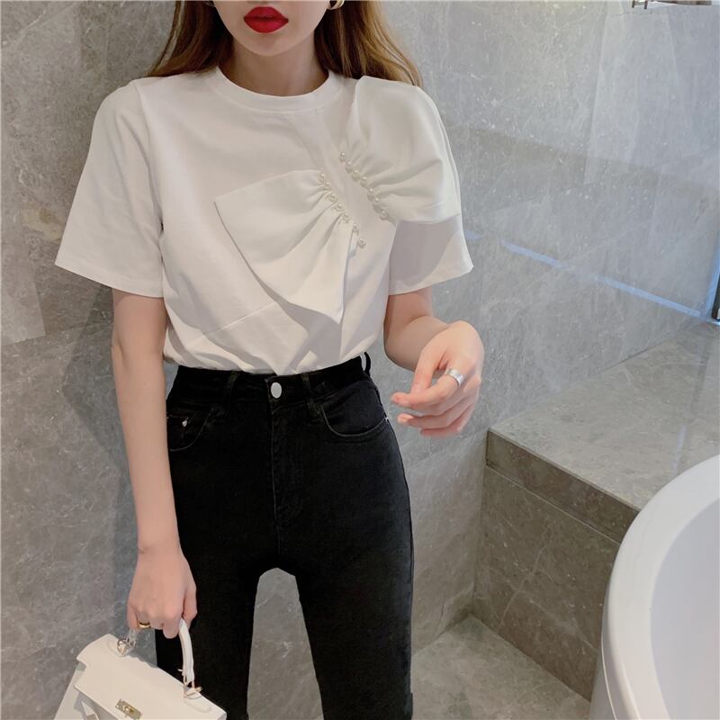 【tops】女性力を高める〜ラウンドネック半袖蝶々結び無地ゆったり着回しTシャツ