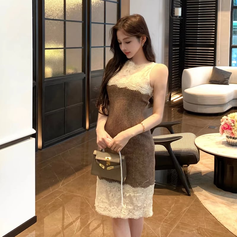 【dress】ノースリーブレースドッキングワンピース Q8023
