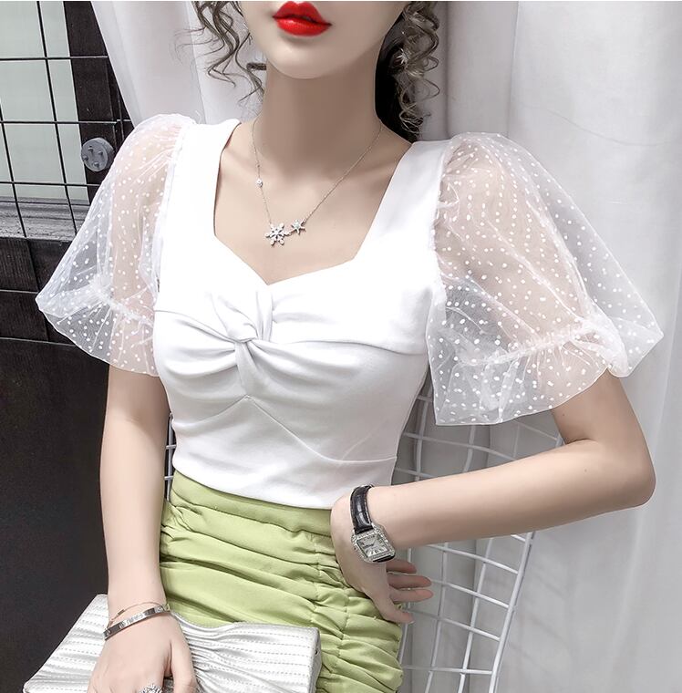 【tops】韓国風INS風スクエアネックメッシュ半袖着やせ無地TシャツF2235