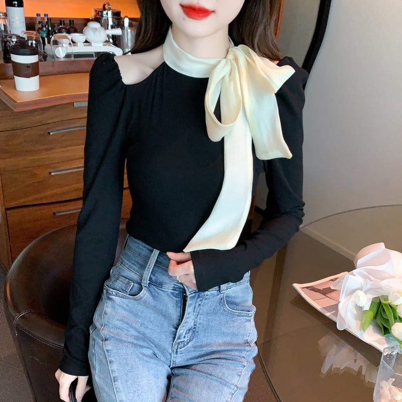 【tops】リボン付きオフショルダートップス　M29380