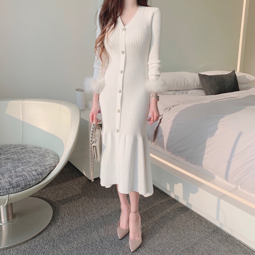 【dress】袖ファー マーメイドニットワンピース　M26156