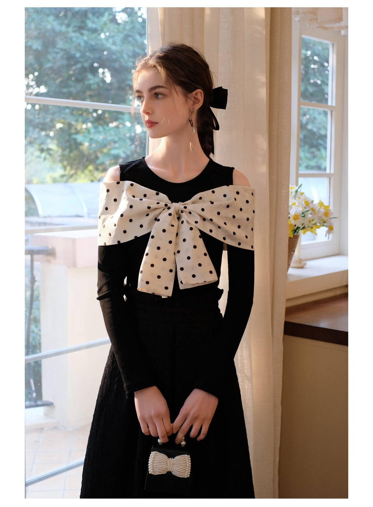 【tops】オフショルダーリボンニットトップス　N2796