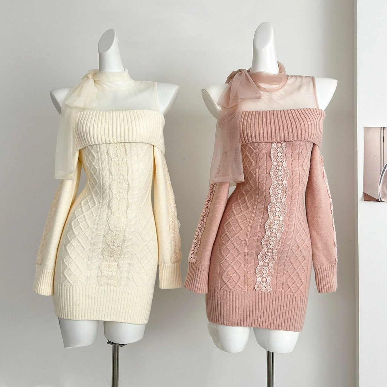 【dress】チュールドッキングリボンニットワンピースF8471