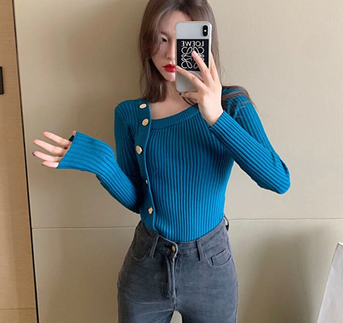 【tops】長袖ファッション韓国風フェミニン斜めネックニットセーターW0352