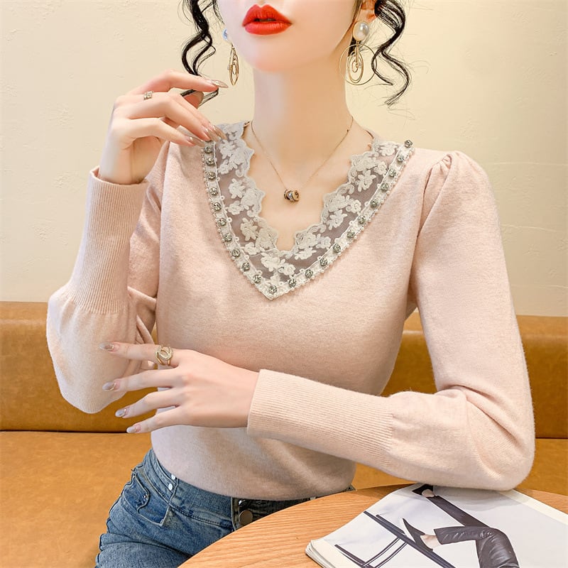 【tops】Vネックレース切り替えニットトップス　M28260