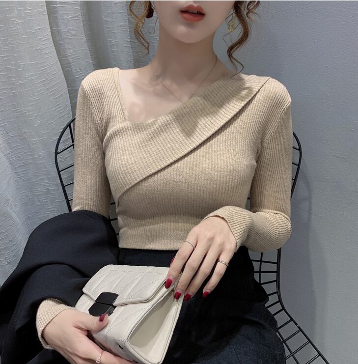 【tops】早い者勝ち! 長袖オブリークネック韓国ファッション着回しゆったりニットセーターW0782