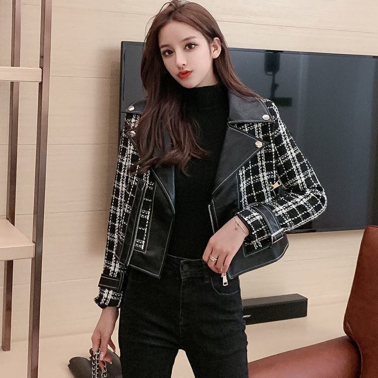 【outer】話題沸騰中大きいラペル長袖韓国風チェック柄配色切り替えショート丈ジャケットF1643