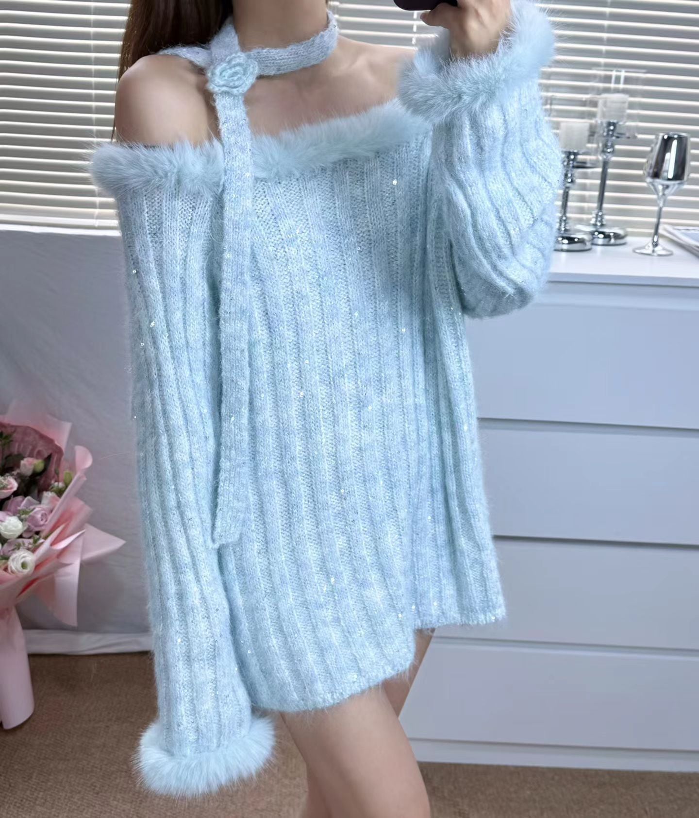 【tops】ファー付きニットトップス Q6954