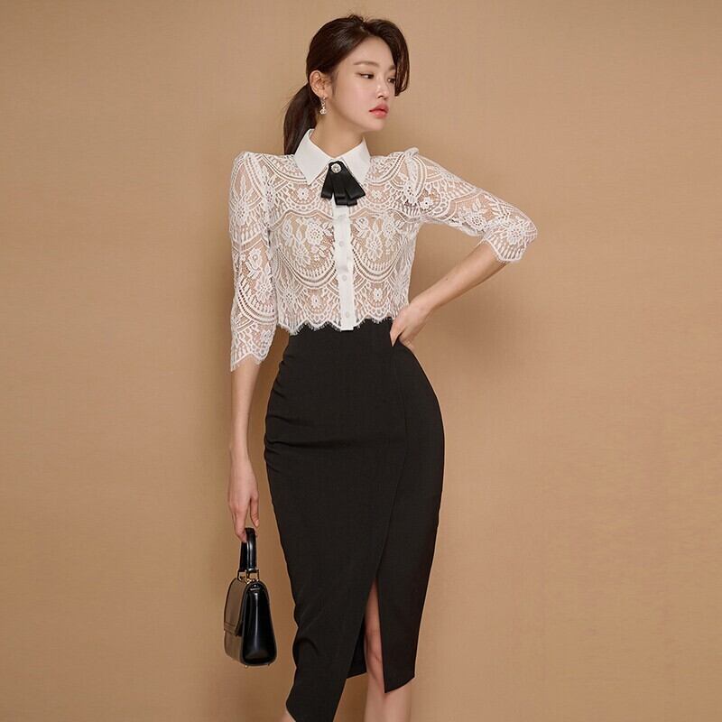 【set】レーストップス+OL通勤スカート２点セットG20629