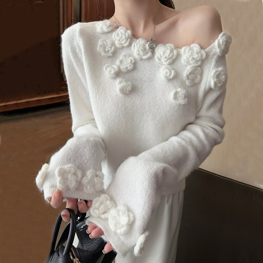 【tops】フラワーモチーフニットセーター　M26116