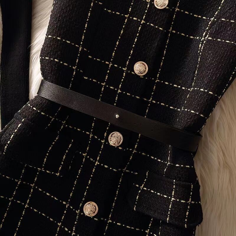 【set】一目惚れ！2点セット無地セーター+Vネックウェスト絞りチェック柄キャミワンピース通勤日常セットアップF1405