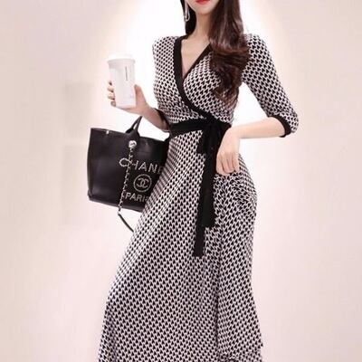 【dress】気質満点レトロ着痩せスリットプリントVネックワンピース