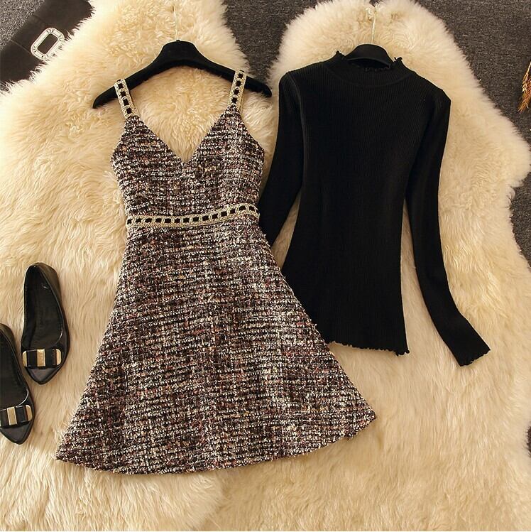 【set】今季マストバイ!気質満点ニットトップス+キャミワンピース秋冬２点セット G3176