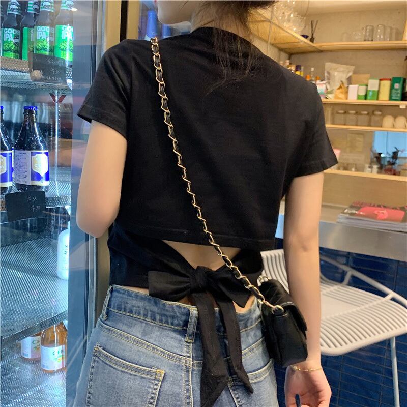 【tops】選べる5色！ラウンドネック半袖無地着回し蝶々結びTシャツ