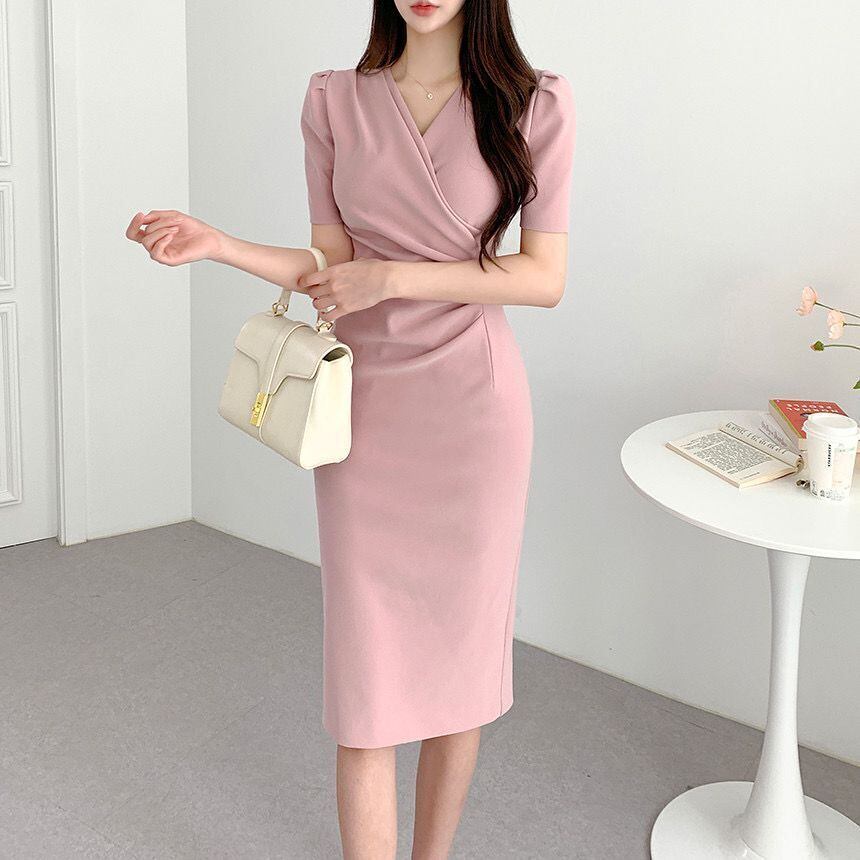 【dress】韓流スタイルchic気質満点Vネックパフスリーブ不規則スリットワンピース G12993