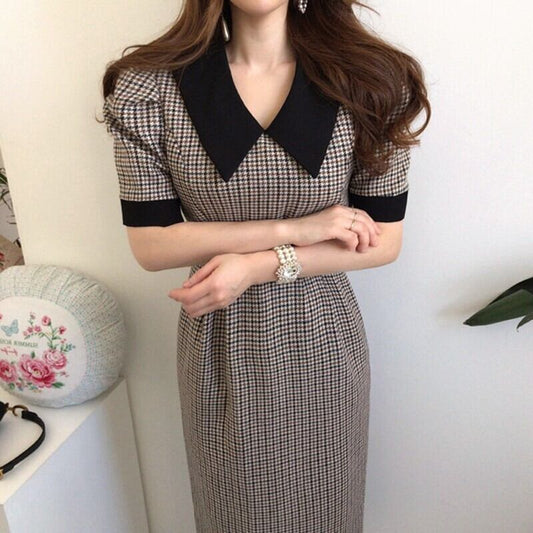 【dress】韓国風好感度UP!気質満点着痩せ折り襟 エレガント千鳥格子ワンピース G0336
