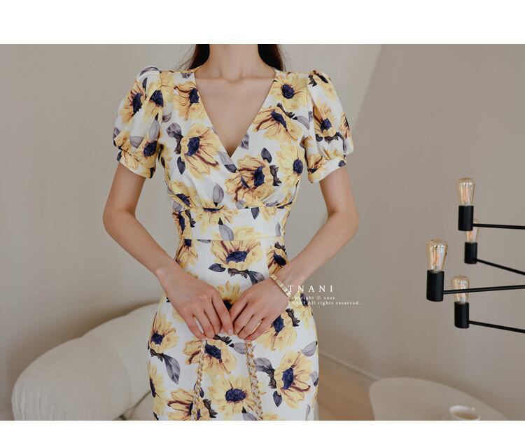 【dress】Vネック花柄パフスリーブワンピース G21005