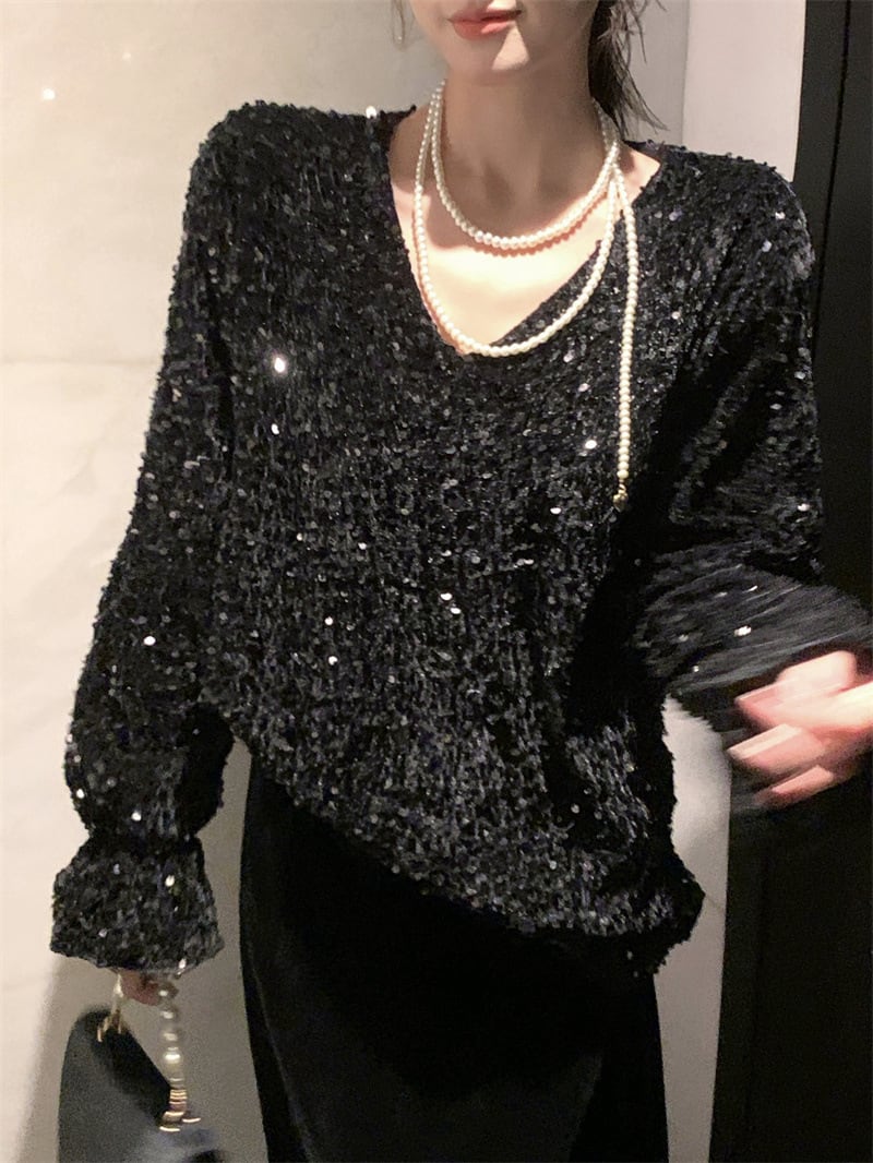 【tops】スパンコールVネックトップス　M28576