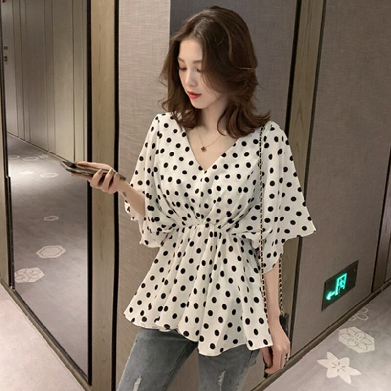 【tops】好感度満載！Vネック半袖シフォンドット柄ウェスト絞りファッションブラウスF0373