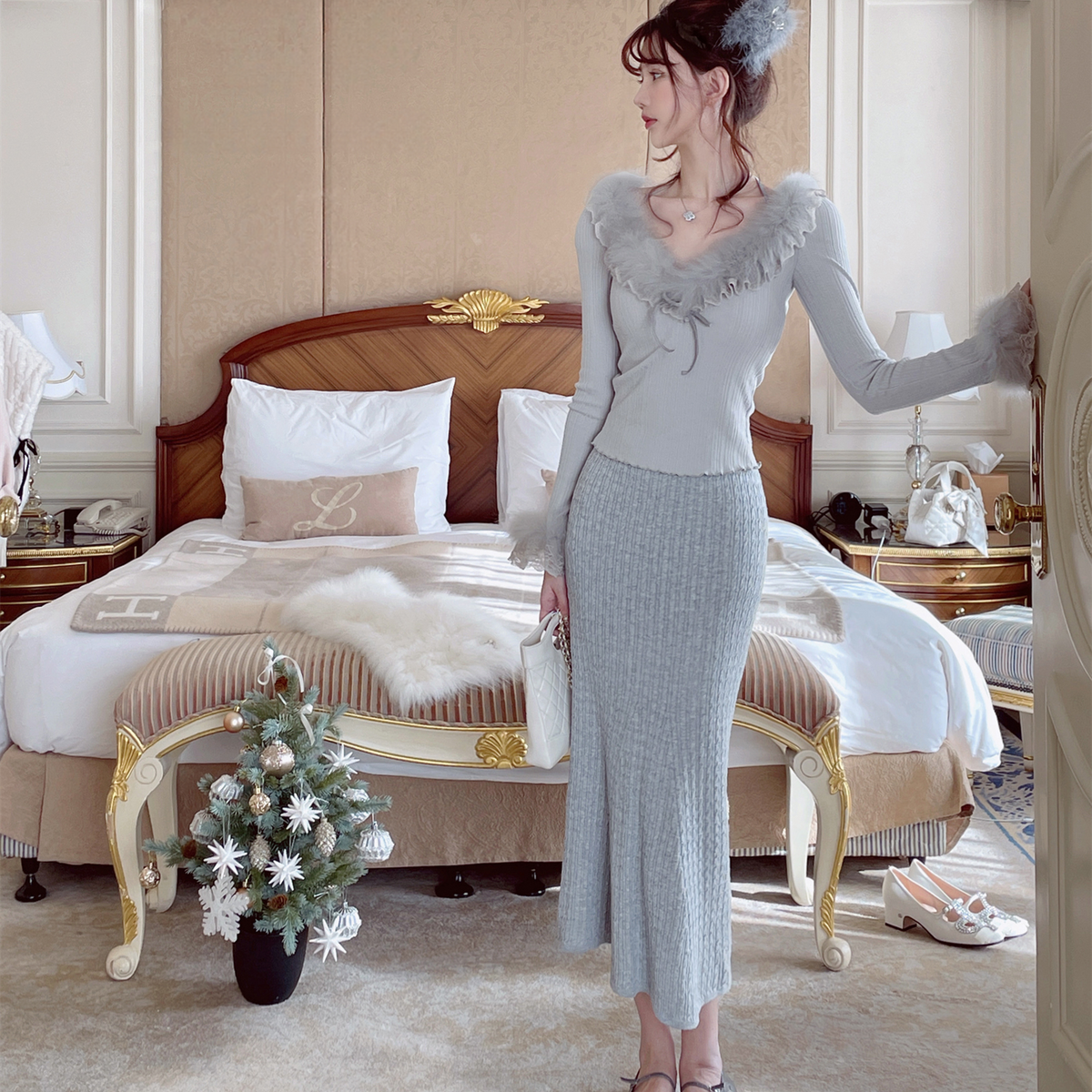 【tops】ファーレースドッキングニットトップス　N3355