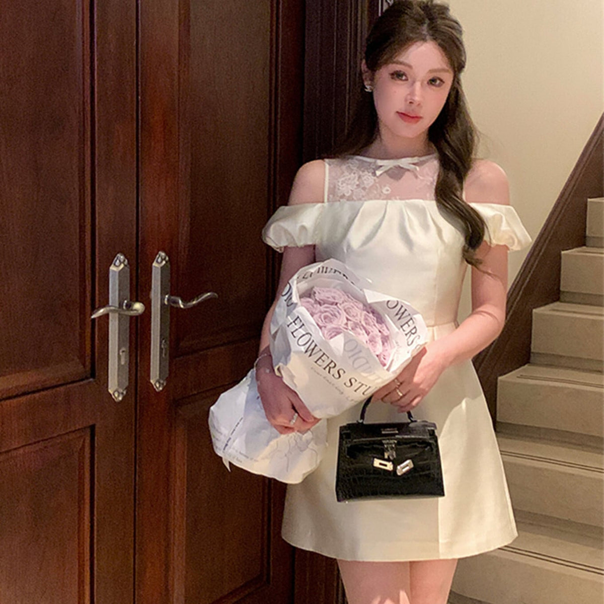 【dress】レースドッキングオフショルダーミニワンピース　N3003