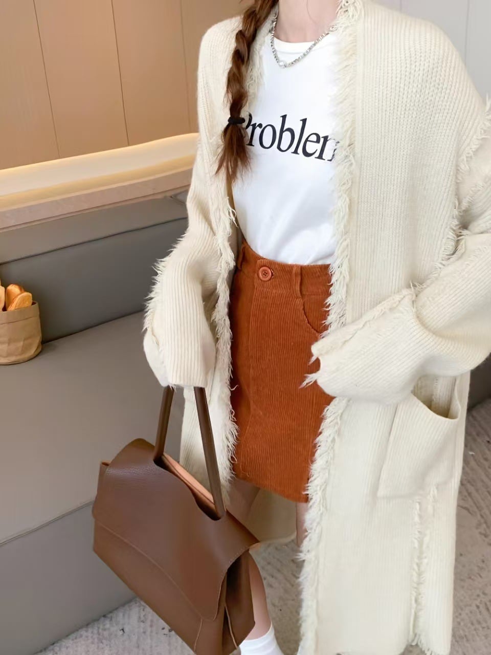 【outer】フリンジロング丈ニットカーデ　M25488