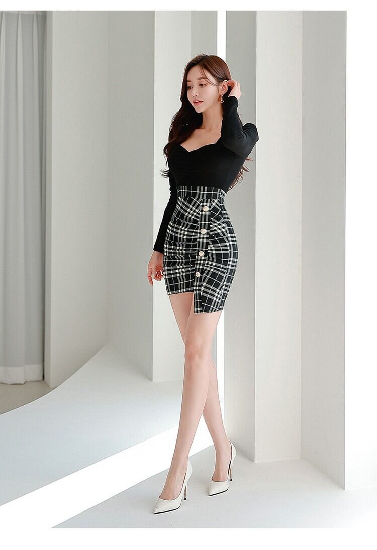 【dress】チェック柄切り替えタイトワンピース G19083