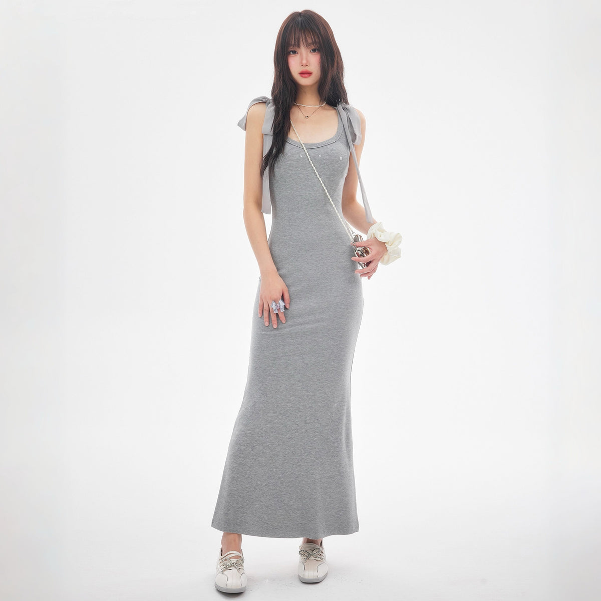 【dress】ショルダーリボンシェイプリブカットロングワンピース　N3520