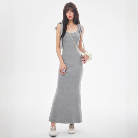 【dress】ショルダーリボンシェイプリブカットロングワンピース　N3520