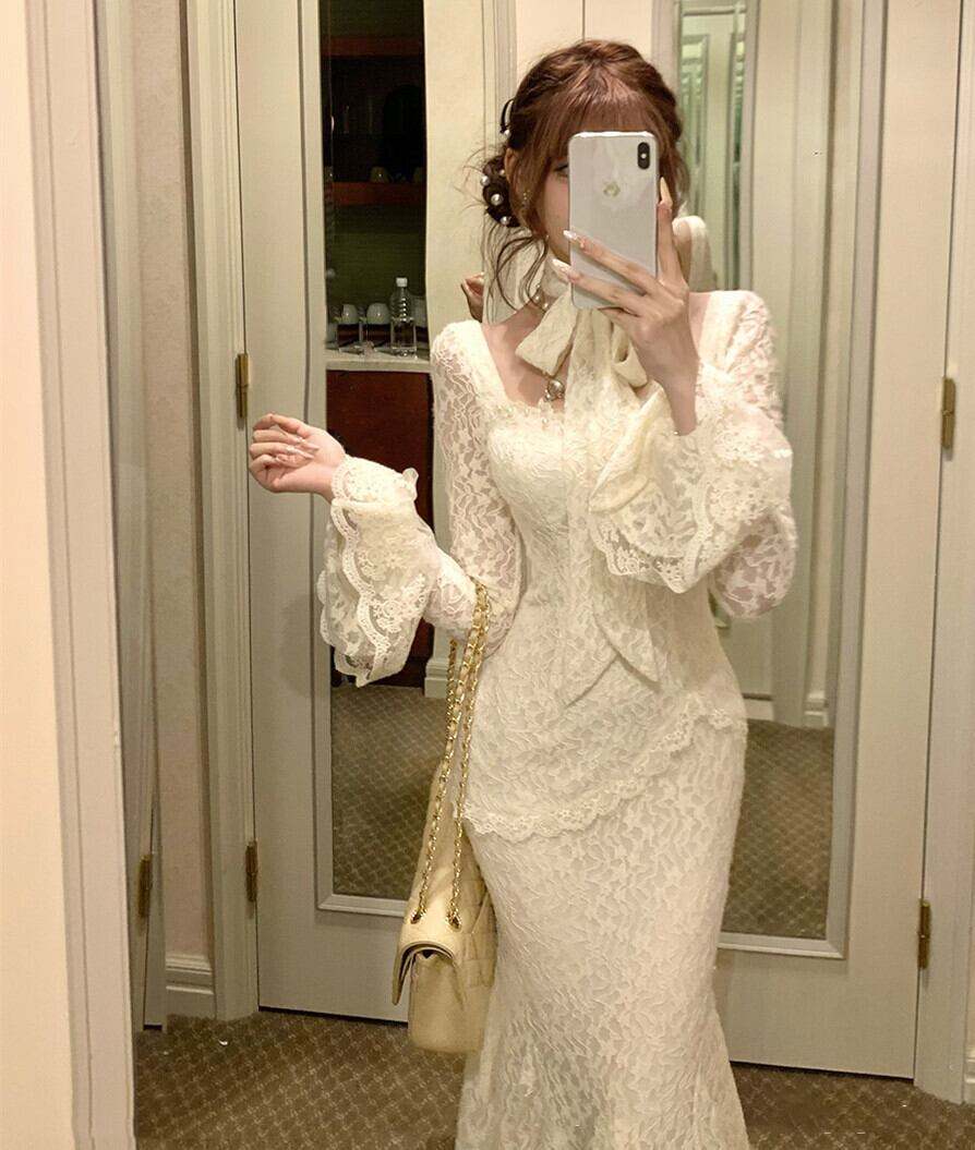 【dress】ベルスリーブマーメイドレースワンピース　N3499
