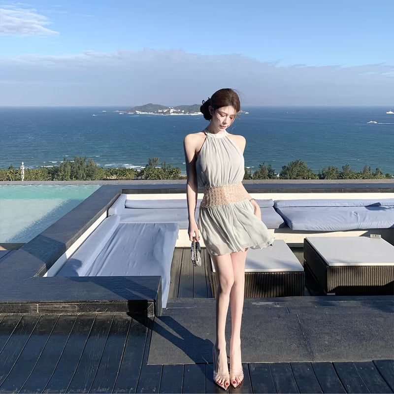 【dress】ビーズ付きノースリーブチュールミニワンピース Q8406