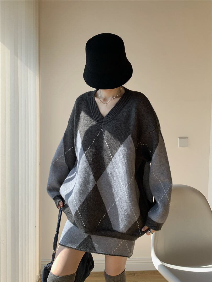 【set】アーガイル柄ニットトップス×ミニスカートセット　N3433