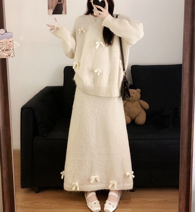 【set】リボン付きニットトップス×ロングスカートセット Q7677