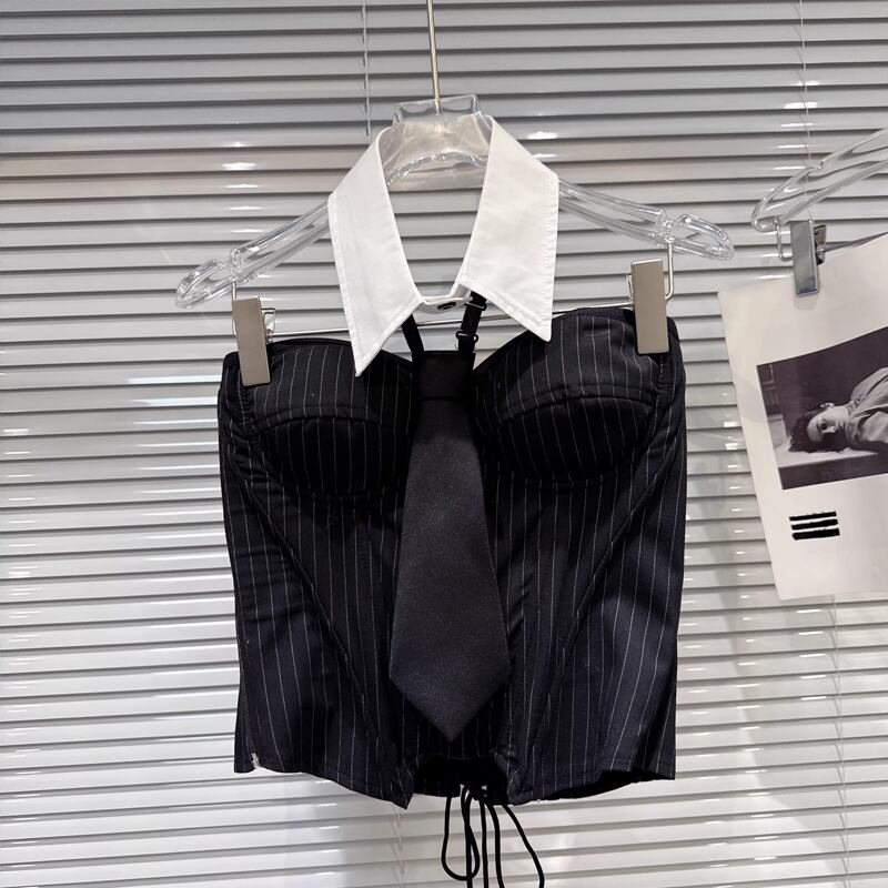 【tops】シャツネック付きチューブトップス Q7895