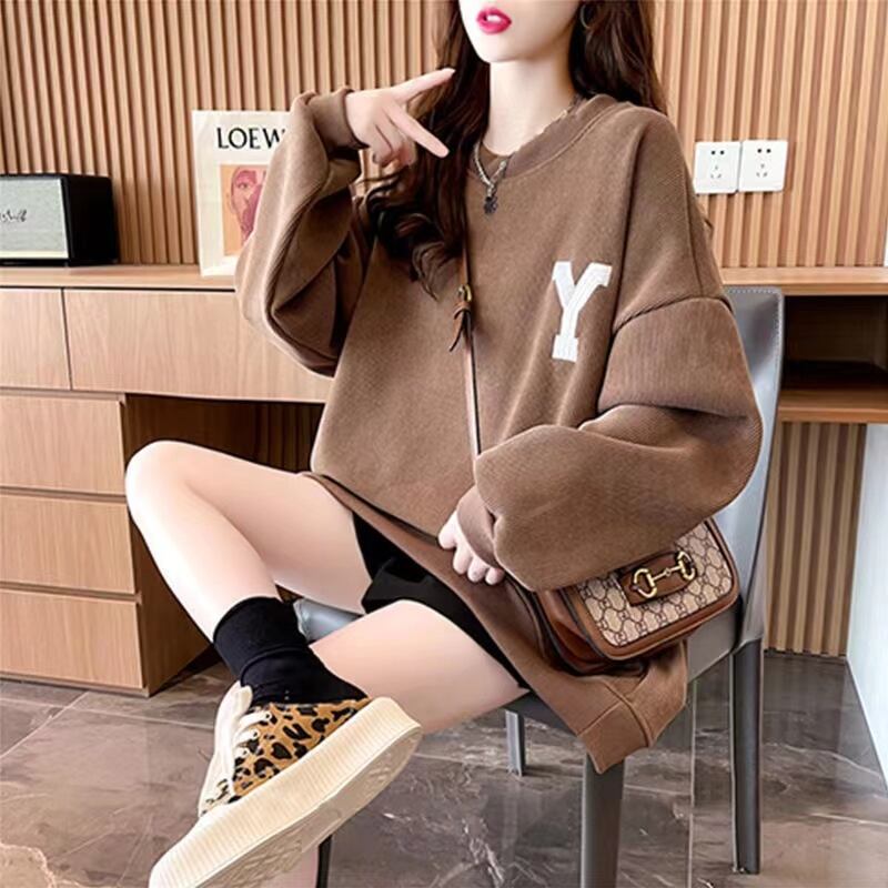 【tops】学院風アルファベット3色裏起毛秋冬新作配色ラウンドネック長袖厚手着回しパーカーF1334