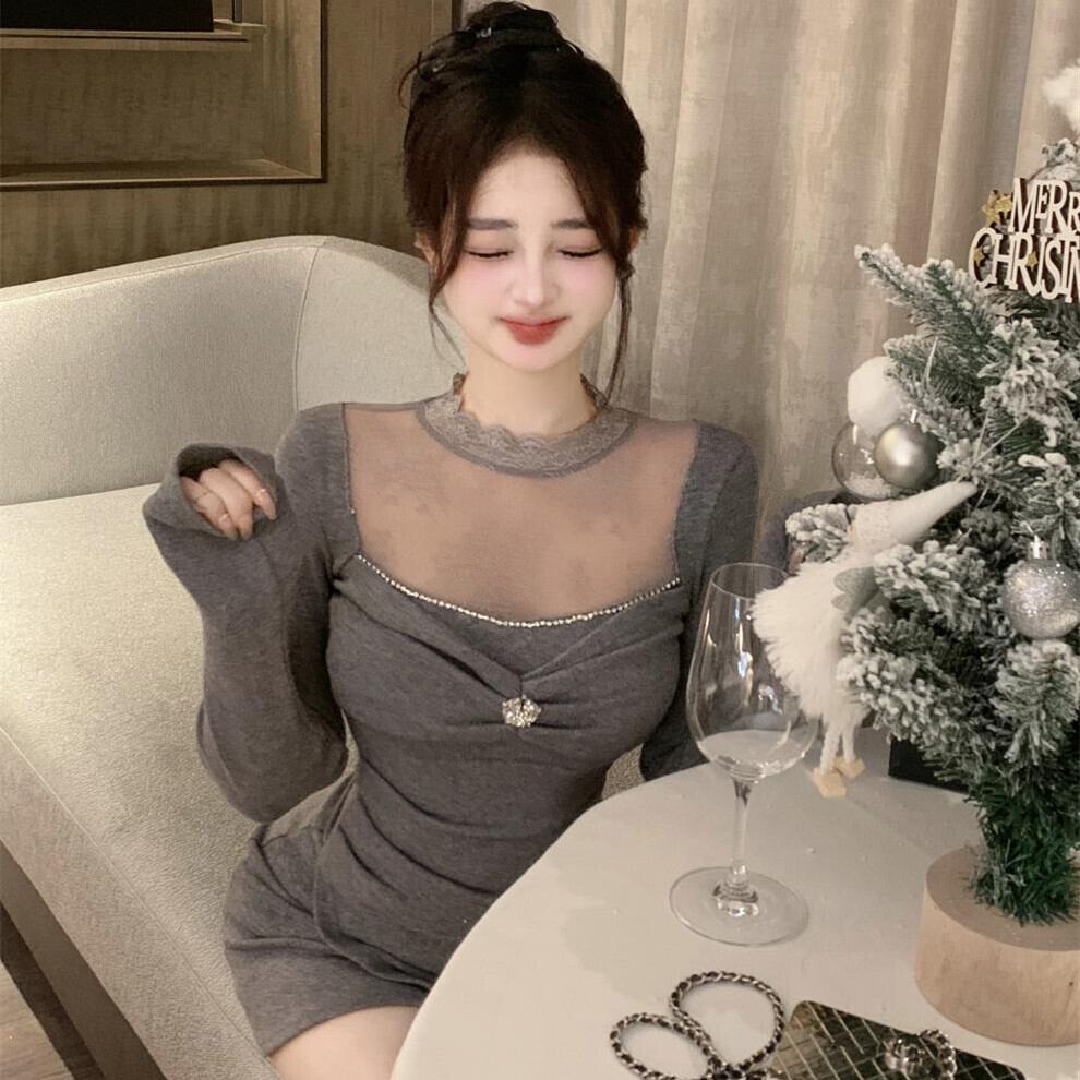 【dress】レース切り替えニットワンピース　M27692