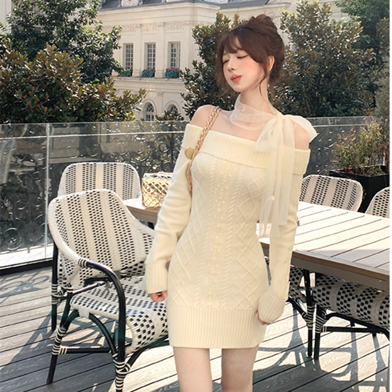 【dress】チュールドッキングリボンニットワンピースF8471