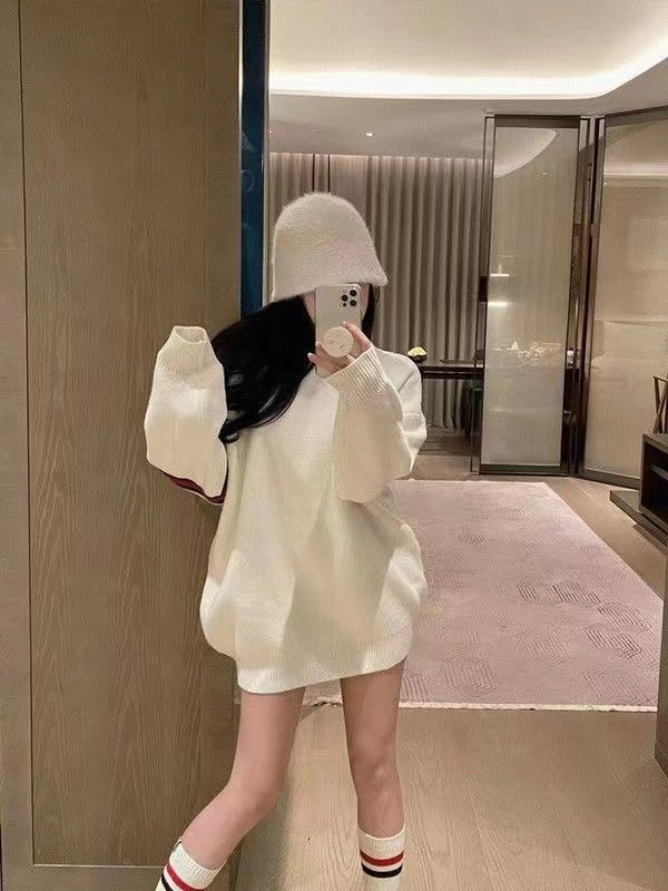 【tops】ラウンドネック長袖ニットセーターF8257