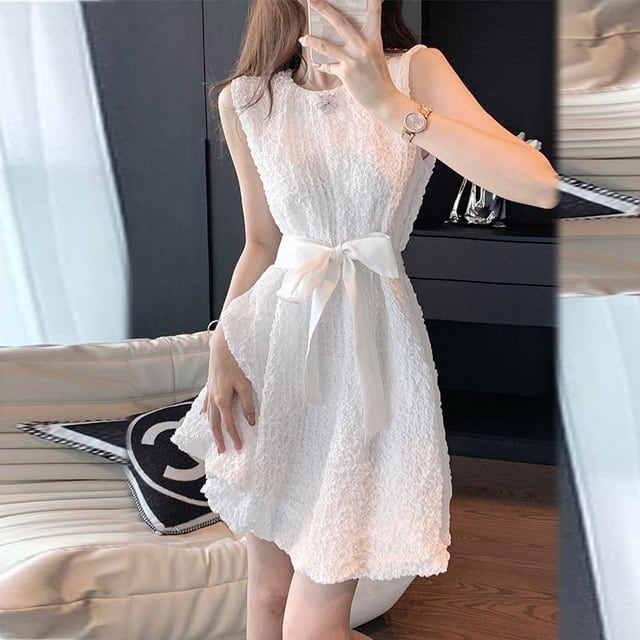 【dress】ラウンドネックウエストリボンワンピースF7392